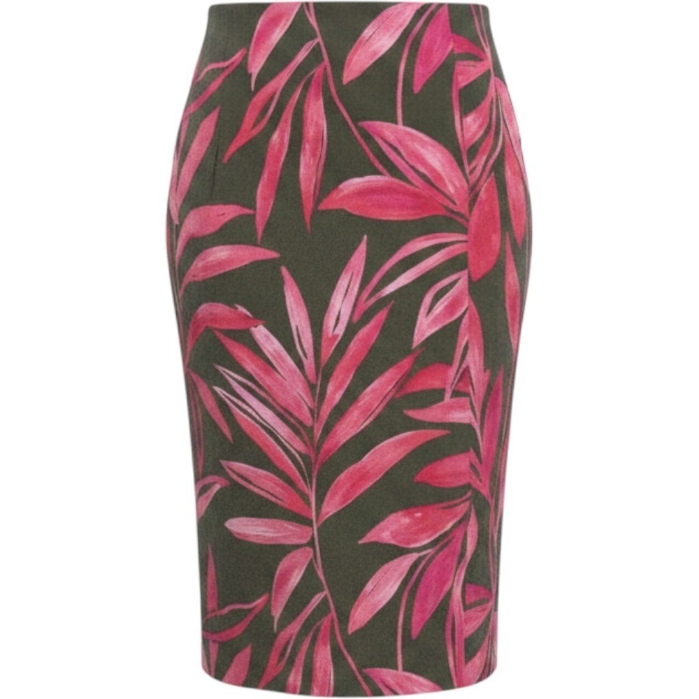 Time‎ and Tru Linen Blend Midi Skirt XL Pink Olive Green Tropical Palm Leaf Boho